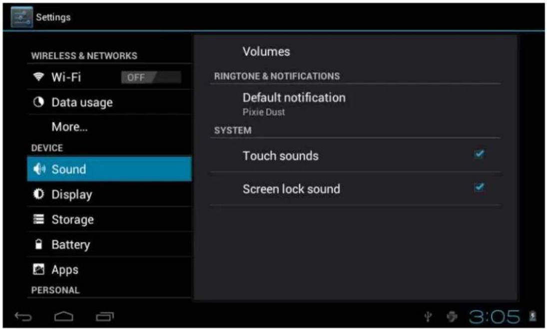 Settings WIRELESS & NETWORKS Wi-Fi OFF Data usage More... DEVICE Sound Display Storage Battery Apps PERSONAL Volumes RINGTONE & NOTIFICATIONS Default notification Pixie Dust SYSTEM Touch sounds ✓ Screen lock sound ✓ 3:05