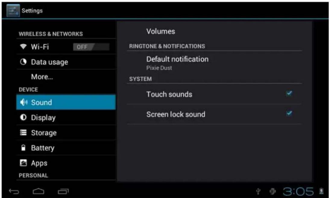 Settings WIRELESS & NETWORKS Wi-Fi OFF Data usage More... DEVICE Sound Display Storage Battery Apps PERSONAL Volumes RINGTONE & NOTIFICATIONS Default notification Pixie Dust SYSTEM Touch sounds ✓ Screen lock sound ✓ 3:05