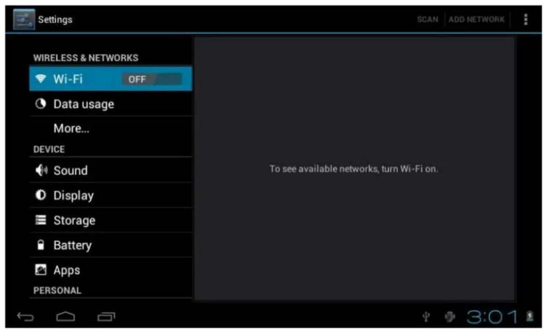 Settings WIRELESS & NETWORKS Wi-Fi OFF Data usage More... DEVICE Sound Display Storage Battery Apps PERSONAL To see available networks, turn Wi-Fi on.