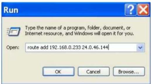 Run Type the name of a program, folder, document, or Internet resource, and Windows will open it for you. Open: route add 192.168.0.233 24.0.46.144 OK Cancel Browse...
