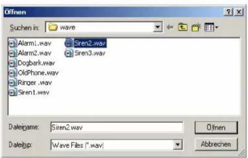 Öffnen Suchen in: wave Alarm1.wav Siren2.wav Alarm2.wav Siren3.wav Dogbark.wav OldPhone.wav Ringer.wav Siren1.wav Dateiname: Siren2.wav Datetyp: Wave Files (*.wav) Ölfnen Abbrechen