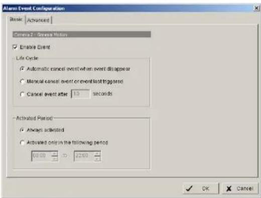 Alarm Event Configuration Basic Advanced Camera 2: General Motion Enable Event Life Cycle Automatic cancel event when event disappear Manual cancel event or event last triggered Cancel event after 10 seconds Activated Period Always activated Attivated only in the following periods 00:00 D: 22:00 ✓ OK Cancel