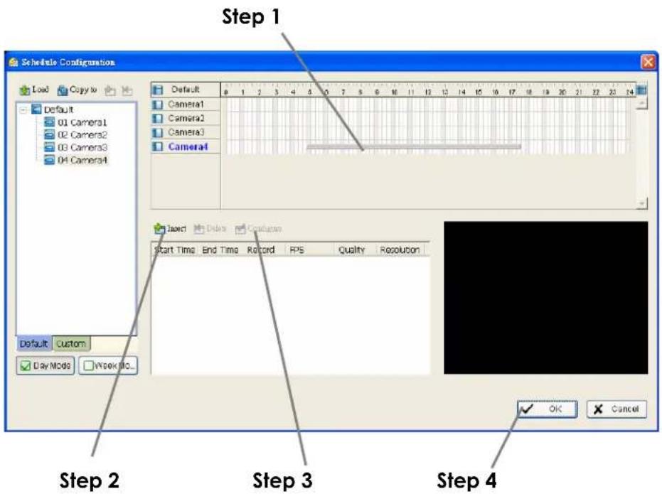 Schedule Configuration Load Copy to Default 01 Camera1 02 Camera2 03 Camera3 04 Camera4 Default Camera1 Camera2 Camera3 Camera4 Start Time End Time Record FPS Quality Resolution Day Mode Week No... Step 1 Step 2 Step 3 Step 4 OK Cancel