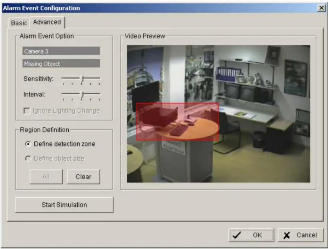 Alarm Event Configuration Basic Advanced Alarm Event Option Camera 3 Missing Object Sensitivity: Interval: Ignore Lighting Change Region Definition Define detection zone Define object size All Clear Start Simulation Video Preview ✓ OK Cancel