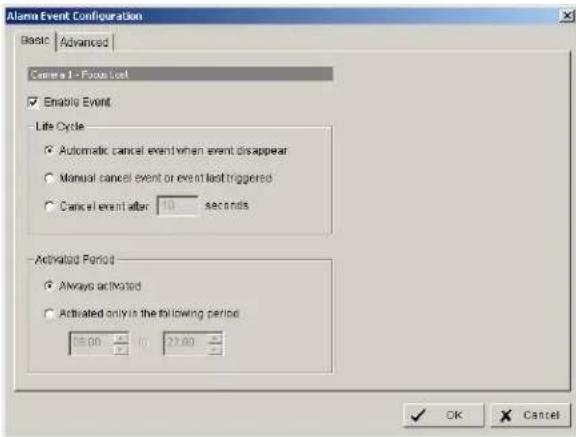 Alarm Event Configuration Basic Advanced Camera 1 - Focus List Enable Event Life Cycle Automatic cancel event when event disappear Manual cancel event or event last triggered Cancel event after 10 seconds Activated Period Always activated Activated only in the following period 58.00 22.00 OK Cancel