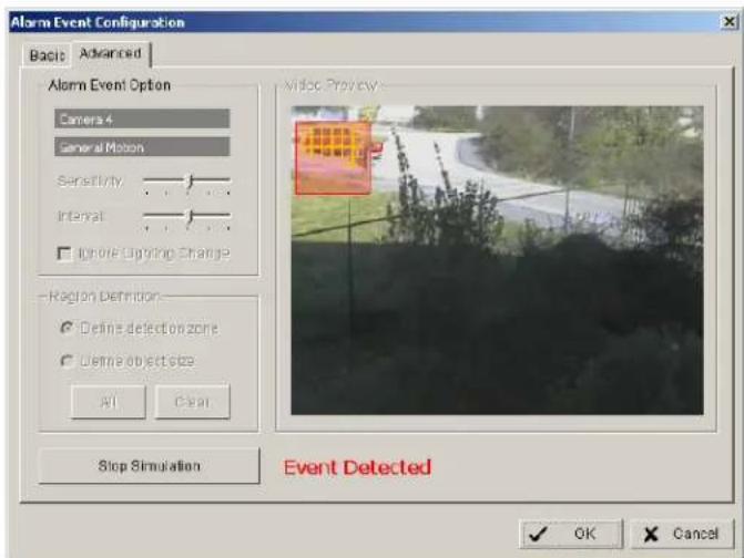 Alarm Event Configuration Basic Advanced Alarm Event Option Camera 4 General Motion Sensitivity Internet Ignore Clicking Change Region Definition: Define detection zone Define object size All Clean Stop Simulation Event Detected OK Cancel