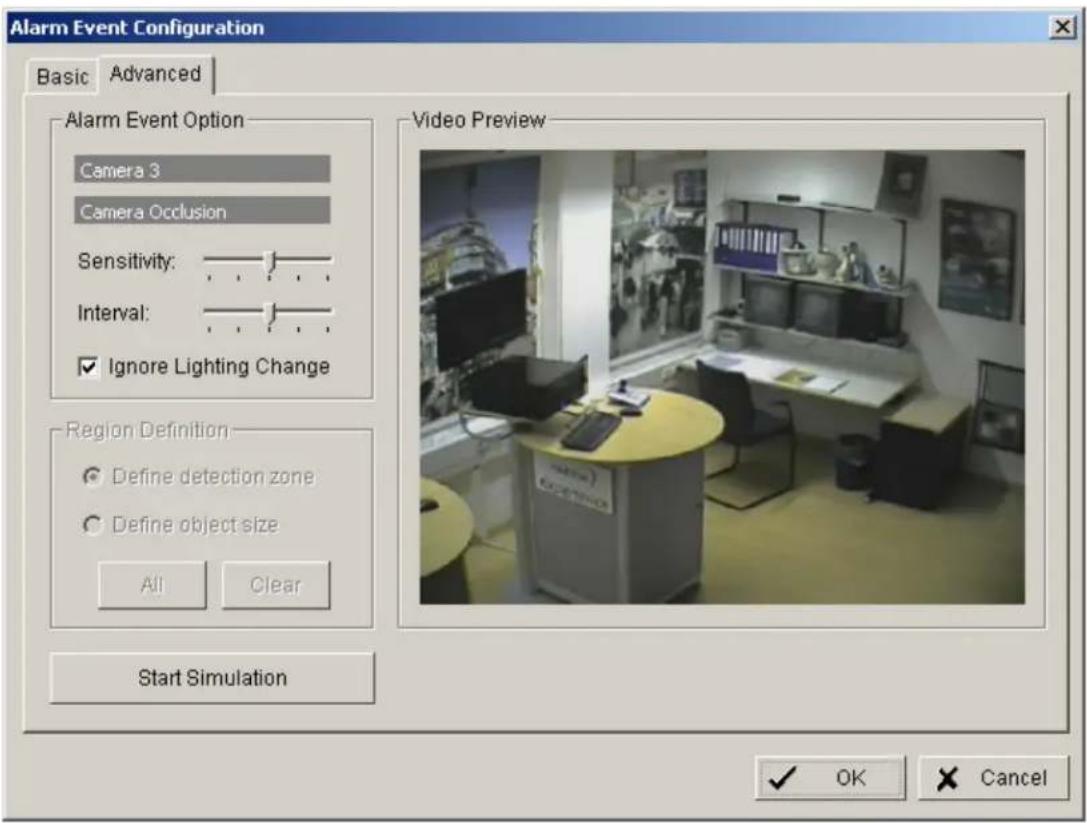 Alarm Event Configuration Basic Advanced Alarm Event Option Camera 3 Camera Occlusion Sensitivity: Interval: Ignore Lighting Change Region Definition Define detection zone Define object size All Clear Start Simulation Video Preview ✓ OK Cancel