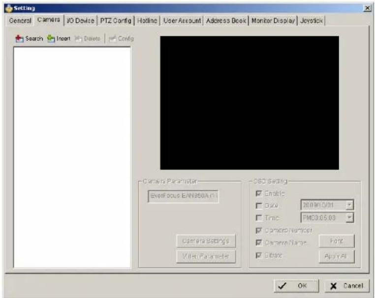 Setting General Camers VO Device PTZ Config Hotline User Account Address Book Monitor Display Jeystick Search Insert Delete Config Camera Parameter En focus EAN950A/1 Camera Settings Video Parameter CSD Setting Enable: Date: 20.09.0.01 Time: PMCO.05.00 Camera Number: Camera Name: Font Edit Rate: ApplyAll OK Cancel
