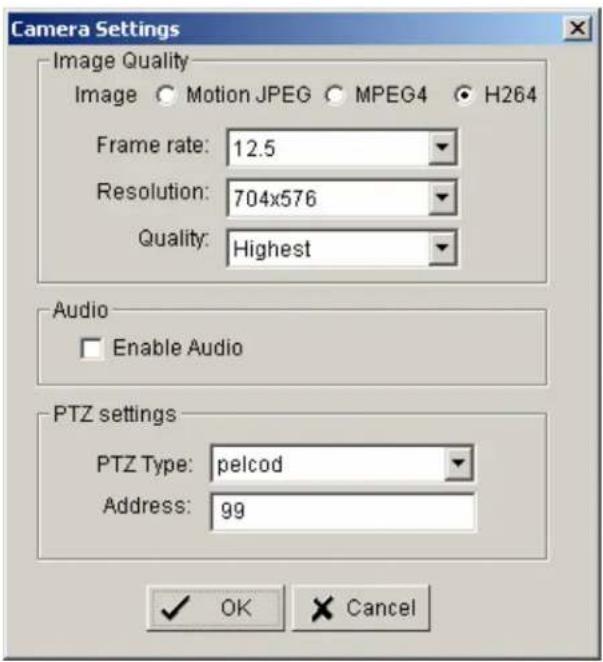 Camera Settings Image Quality Image ○ Motion JPEG ○ MPEG4 ● H264 Frame rate: 12.5 Resolution: 704x576 Quality: Highest Audio □ Enable Audio PTZ settings PTZ Type: pelcod Address: 99 ✓ OK × Cancel