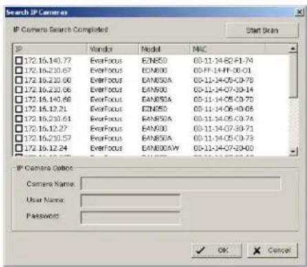 Search IP Cameras IP Camera Search Completed Start Scan ID Vendor Model MIC 172.16.140.77 EverFocus E2NS0 00-11-14-02-F1-74 172.16.230.67 EverFocus E2N800 00-FF-14-FF-00-01 172.16.230.60 EverFocus E2N80A 00-11-14-05-C0-78 172.16.230.66 EverFocus E2N800 00-11-14-07-30-14 172.16.140.68 EverFocus E2N80A 00-11-14-05-C0-70 172.16.12.21 EverFocus E2NS0 00-11-14-06-00-05 172.16.230.61 EverFocus E2N80A 00-11-14-05-C0-78 172.16.12.27 EverFocus E2N800 00-11-14-07-30-71 172.16.230.57 EverFocus E2N80A 00-11-14-05-C0-78 172.16.12.24 EverFocus E2N80AW 00-11-14-07-20-00 IP Camera Options: Camera Name: User Name: Password: OK Cancel