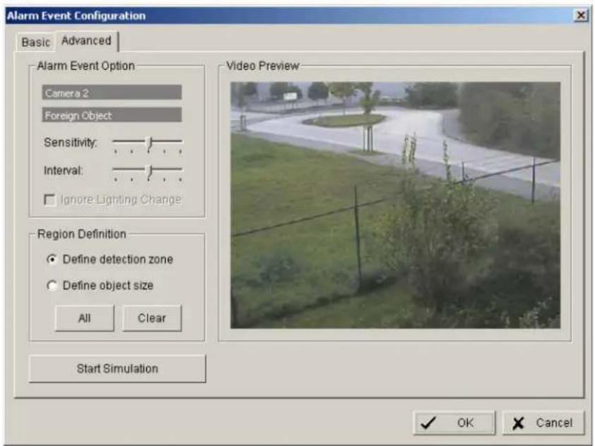 Alarm Event Configuration Basic Advanced Alarm Event Option Camera 2 Foreign Object Sensitivity: Interval: Ignore Lighting Change Video Preview Region Definition Define detection zone Define object size All Clear Start Simulation OK Cancel