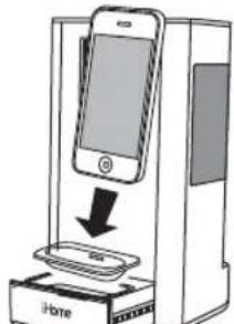 Diagram showing a smartphone being inserted into an iPhone, with a download arrow indicating the device's position.