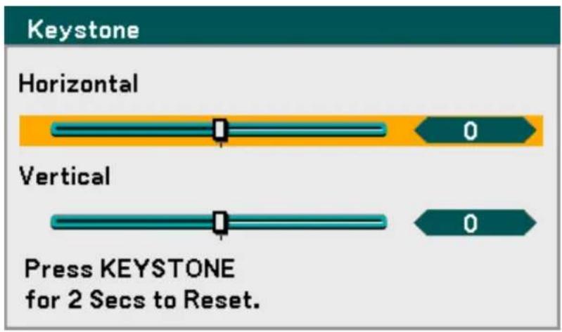 Keystone Horizontal 0 Vertical 0 Press KEYSTONE for 2 Secs to Reset.