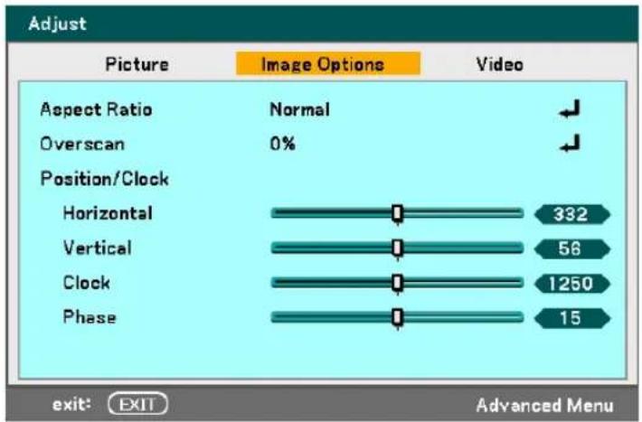 Adjust Picture Image Options Video Aspect Ratio Normal Overscan 0% Position/Clock Horizontal 332 Vertical 56 Clock 1250 Phase 15 exit: EXIT Advanced Menu