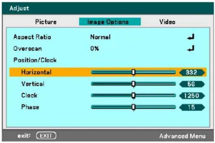 Adjust Picture Image Options Video Aspect Ratio Normal Overscan 0% Position/Clock Horizontal 332 Vertical 56 Clock 1250 Phase 15 exit: EXIT Advanced Menu