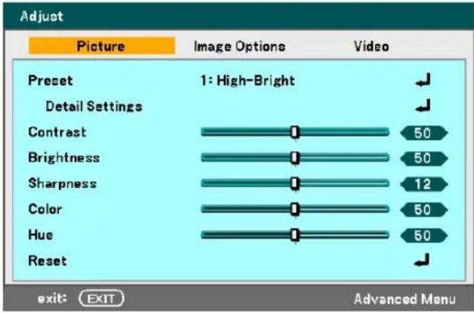 Adjust Picture Image Options Video Preset 1: High-Bright Detail Settings Contrast 50 Brightness 50 Sharpness 12 Color 50 Hue 50 Reset exit: EXIT Advanced Menu