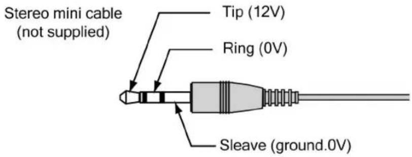 Stereo mini cable (not supplied) Tip (12V) Ring (0V) Sleave (ground.0V)