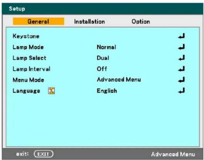 Setup General Installation Option Keystone Lamp Mode Normal Lamp Select Dual Lamp Interval Off Menu Mode Advanced Menu Language English exit: EXIT Advanced Menu