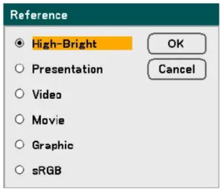 Reference ● High-Bright ○ Presentation ○ Video ○ Movie ○ Graphic ○ sRGB OK Cancel