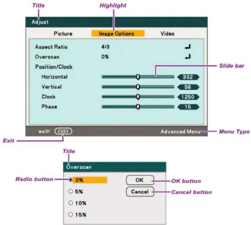 Title Highlight Adjust Picture Image Options Video Aspect Ratio 4:3 Overscan 0% Position/Clock Horizontal 332 Vertical 56 Clock 1250 Phase 15 exit: EXIT Advanced Menu Menu Type Exit Title Radio button 0% OK OK button Cancel Cancel button