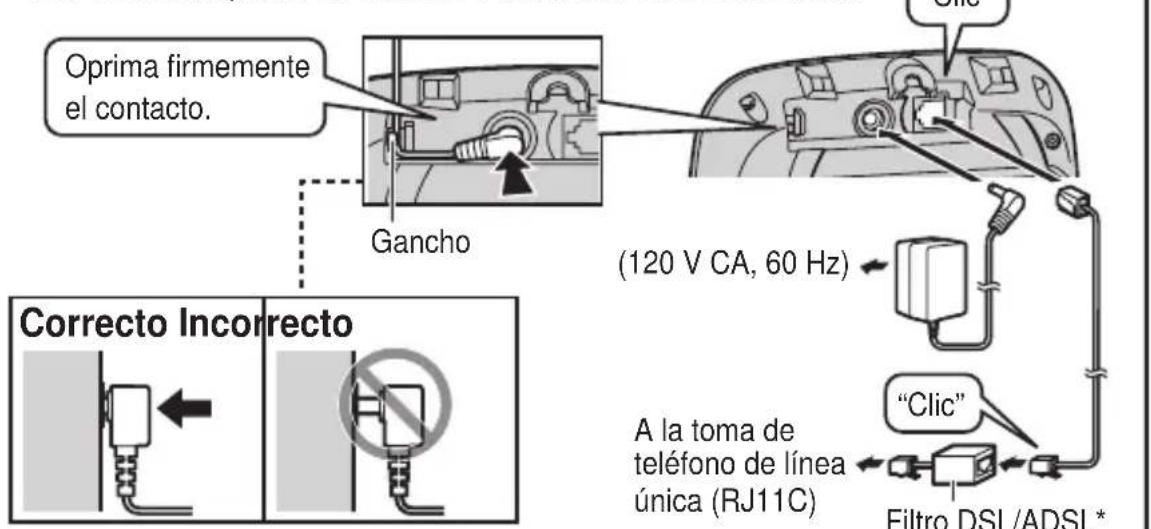 Oprima firmemente el contacto. Gancho (120 V CA, 60 Hz) Correcto Incorrecto A la toma de teléfono de línea única (RJ11C) "Clic" Filtro DSL/ADSL*