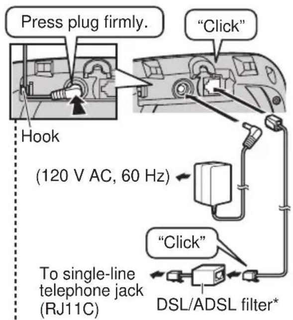 Press plug firmly. "Click" Hook (120 V AC, 60 Hz) "Click" To single-line telephone jack (RJ11C) DSL/ADSL filter*