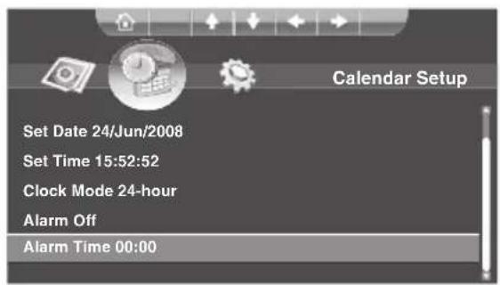Set Date 24/Jun/2008 Set Time 15:52:52 Clock Mode 24-hour Alarm Off Alarm Time 00:00 Calendar Setup