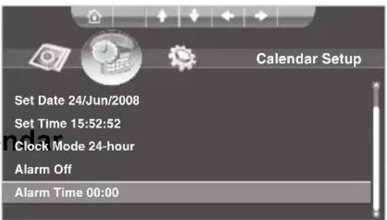 Set Date 24/Jun/2008 Set Time 15:52:52 Clock Mode 24-hour Alarm Off Alarm Time 00:00 Calendar Setup