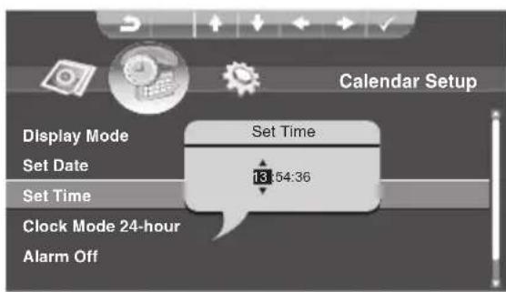 Calendar Setup Display Mode Set Time Set Date 13:54:36 Set Time Clock Mode 24-hour Alarm Off