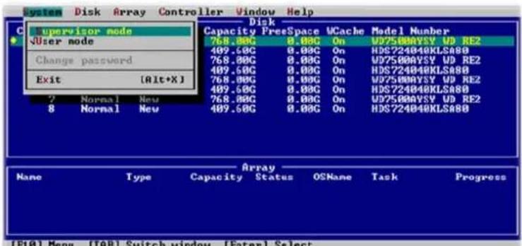 System Disk Array Controller Window Help Disk Supervisor node User node Change password Exit [Alt+X] 7 Normal New 8 Normal New Capacity FreeSpace VCache Model Number 768.00G 0.00G On UD75000VSY UD RE2 409.50G 0.00G On HDS724040KLS880 768.00G 0.00G On UD75000VSY UD RE2 409.50G 0.00G On HDS724040KLS880 768.00G 0.00G On UD75000VSY UD RE2 409.50G 0.00G On HDS7214040KLS880 768.00G 0.00G On UD75000VSY UD RE2 409.50G 0.00G On HDS724040KLS880 Array None Type Capacity Status OSMane Task Progress (F10) Menu (TAB) Switch window (Enter) Select