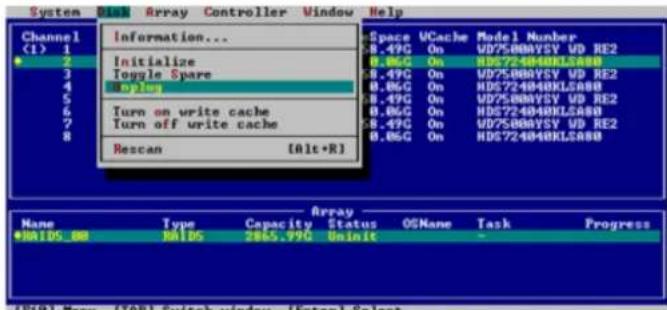 System D1X Array Controller Window Help Channel (1) 1 2 3 4 5 6 7 8 Information... Initialize Toysle Spare Typing Turn on write cache Turn off write cache Rescan [Alt+R] Space UCache Model Number 8.49G On V075808VSY UD RE2 8.49G On HD5724040KLSA8B 8.49G On V075808VSY UD RE2 8.49G On HD5724040KLSA8B 8.49G On V075808VSY UD RE2 8.49G On HD5724040KLSA8B 8.49G On V075808VSY UD RE2 8,06G On HD5724040KLSA8B 8.49G On V075808VSY UD RE2 8.49G On HD5724040KLSA8B Array Name Type Capacity Status OSNone Task Progress #RAIDS_8B RAID5 2065,99C Uninit (F10) Menu (TAB) Switch window (Enter) Select