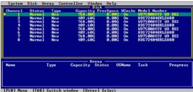 System Disk Array Controller Window Help Disk Channel Status Type Capacity FreeSpace VCache Model Number 1 Normal New 768.00G 0.00G On WD5000VSY UO RE2 2 Normal New 489.60G 0.00G On HDS724040KLSA80 3 Normal New 768.00G 0.00G On WD5000VSY UO RE2 4 Normal New 489.60G 0.00G On HDS724040KLSA80 5 Normal New 768.00G 0.00G On WD5000VSY UO RE2 6 Normal New 489.60G 0.00G On HDS724040KLSA80 7 Normal New 768.00G 0.00G On WD5000VSY UO RE2 8 Normal New 489.60G 0.00G On HDS724040KLSA80 Array Name Type Capacity Status OSName Task Progress (F10) Menu (TAB) Switch window [Enter] Select