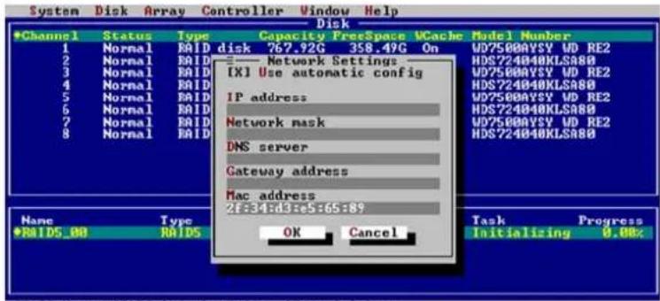 System Disk Array Controller Window Help Disk •Channel Status Type Capacity FreeSpace VCache Model Number 1 Normal RAID disk 767.92G 358.49G On WD75000VSY WD RE2 2 Normal RAID Network Settings HDS724040KLSA80 3 Normal RAID [X] Use automatic config WD75000VSY WD RE2 4 Normal RAID 5 Normal RAID IP address WD75000VSY WD RE2 6 Normal RAID Network mask HDS724040KLSA80 7 Normal RAID DNS server 8 Normal RAID Gateway address WD75000VSY WD RE2 Mac address HDS724040KLSA80 Name Type Task Progress •RAIDS_00 RAIDS OK Cancel Initializing 0.00%