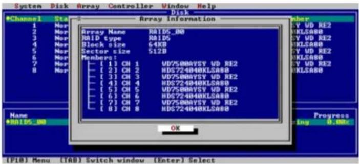 System Disk Array Controller Window Help Disk #Channel State Array Information 1 Nor 2 Nor 3 Nor 4 Nor 5 Nor 6 Nor 7 Nor 8 Nor Array Name RAID5_00 RAID type RAID5 Black size 64KB Sector size 512B Members: [1] CH 1 WD75000VSY VD RE2 [2] CH 2 HD5724040KLSA00 [3] CH 3 WD75000VSY VD RE2 [4] CH 4 HD5724040KLSA00 [5] CH 5 WD75000VSY VD RE2 [6] CH 6 HD5724040KLSA00 [7] CH 7 WD75000VSY VD RE2 [8] CH 8 HD5724040KLSA00 Name #R105_00 OK Progress OK