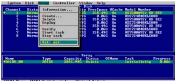 System Disk Controller Window Help Disk Status FreeSpace UCache Model Number 1 Normal 2 Create... 3 Delete 4 Deploy 5 Normal 6 Verify 7 Start task 8 Stop task Set not Array Name Type Capacity Status OSName Task Progress #NID5_00 RMDS 2865.99% Uninit Initializing 0.00% (F10) Menu ITAB Switch window (Enter) Select