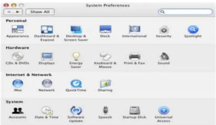 System Preferences Show All Personal Appearance Dashboard & Exposé Desktop & Screen Saver Dock International Security Spotlight Hardware CDs & DVDs Displays Energy Saver Keyboard & Mouse Print & Fax Sound Internet & Network Mac Network QuickTime Sharing System Accounts Date & Time Software Update Speech Startup Disk Universal Access