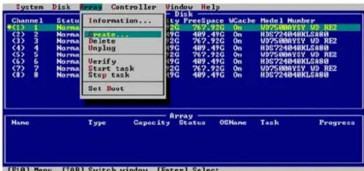 System Disk Array Controller Window Help Channel Status Information... (1) 1 Norma (2) 2 Norma (3) 3 Norma (4) 4 Norma (5) 5 Norma (6) 6 Norma (7) 7 Norma (8) 8 Norma Disk Type FreeSpace WCache Model Number 2G 767.92G On WD75000VSY UD RE2 4G 489.49G On HDS724040KLS480 2G 767.92G On WD75000VSY UD RE2 4G 489.49G On HDS724040KLS480 2G 767.92G On WD75000VSY UD RE2 4G 489.49G On HDS724040KLS480 2G/767.92G On WD75000VSY UD RE2 4G 489.49G On HDS724040KLS480 Set Boot Array Name Type Capacity Status OSNone Task Progress (F10) Menu (TAB) Switch window (Enter) Select
