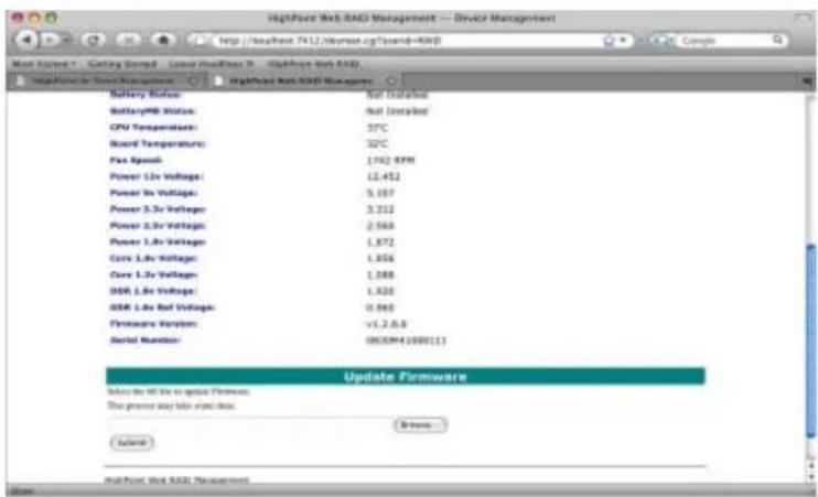 HighPoint Web RMS Management - Device Management http://localhost:7412/skymos.org/Tasend=RMS Most Names: Cycling Stored - Linked HostFlow 7 - HighPoint Web RMS HighPoint Web RMS Manager Battery Radius NAT Distributed BatteryPR Status: NAT Distributed CPU Temperature: 57°C Board Temperature: 52°C Fax Speed: 1992 RPM Power 1.3x Voltage: 12.452 Power In Voltage: 5.107 Power 3.3x Voltage: 3.312 Power 2.3x Voltage: 2.568 Power 1.3x Voltage: 1.872 Core 1.3x Voltage: 1.856 Core 1.3x Voltage: 1.088 DDR 1.3x Voltage: 1.820 DDR 1.3x Fed Voltage: 0.960 Fireware Version: v1.2.0.0 Serial Number: 0600MH1000(1) Update Firmware Make the full file to expand Windows. This power may be used here. Browse... Add Print Web RMS Management