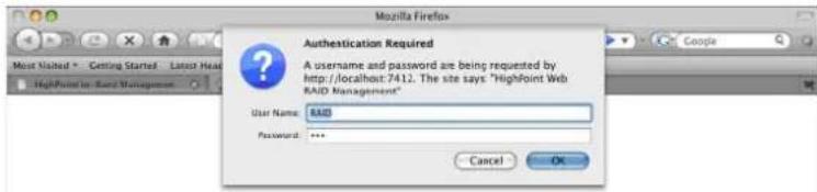 Mozilla Firefox Authentication Required A username and password are being requested by http://localhost:7412. The site says "HighPoint Web RAID Management" User Name: RASS Password: *** Cancel OK