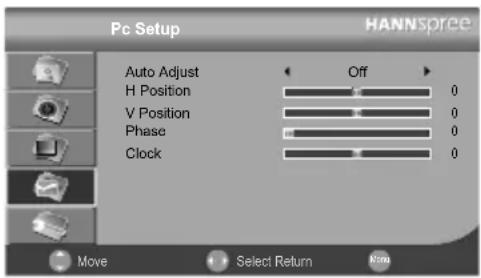 Pc Setup Auto Adjust H Position V Position Phase Clock Off 0 0 0 0 Move Select Return None
