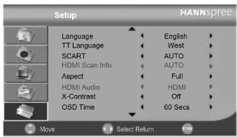 Setup Language TT Language SCART HDMI Scan Info Aspect HDMI Audio X-Contrast OSD Time English West AUTO AUTO Full HDMI Off 60 Secs HANNSpree Move Select Return New