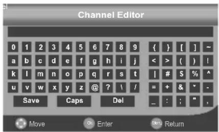 Channel Editor 0 1 2 3 4 5 6 7 8 9 { } [ ] ~ a b c d e f g h i j < > ( ) ! k l m n o p q r s t | # S % ^ u v w x y z @ ? \ / = + & - Save Caps Del _ : ; ", Move Enter Move Return