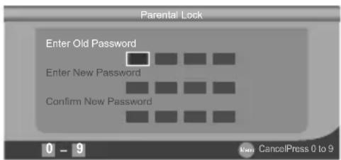 Parental Lock Enter Old Password Enter New Password Confirm New Password 0 - 9 CancelPress 0 to 9