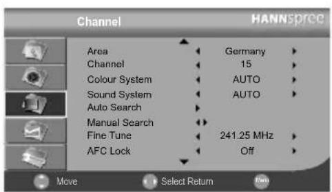 Channel HANNSpread Area Channel Colour System Sound System Auto Search Manual Search Fine Tune AFC Lock Germany 15 AUTO AUTO 241.25 MHz Off Move Select Return