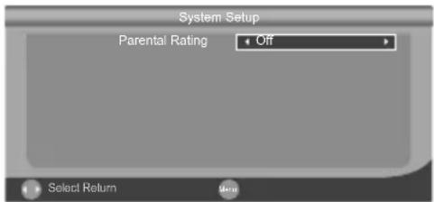 System Setup Parental Rating Off Select Return