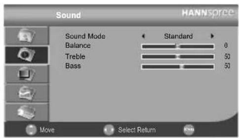 Sound HANNSpree Sound Mode Balance Treble Bass Standard 0 50 50 Move Select Return Km