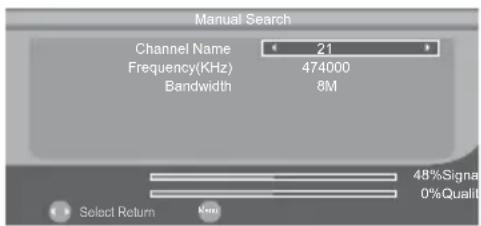 Manual Search Channel Name 21 Frequency(KHz) 474000 Bandwidth 8M Select Return 5mm 48%Signal 0%Qualit