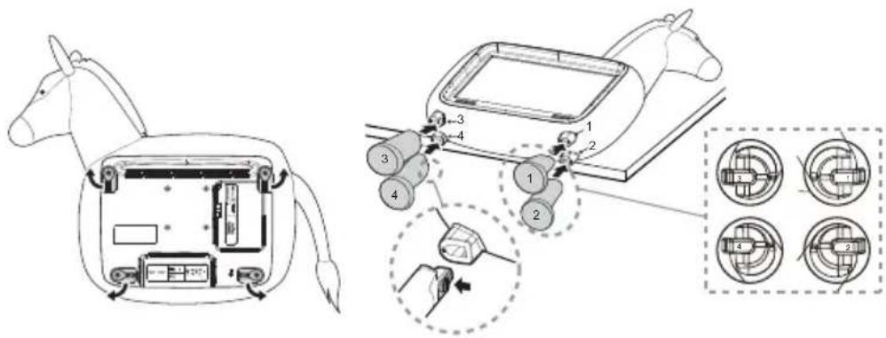 Technical diagram showing horse-mounted device components with numbered parts and close-up insets of labeled parts