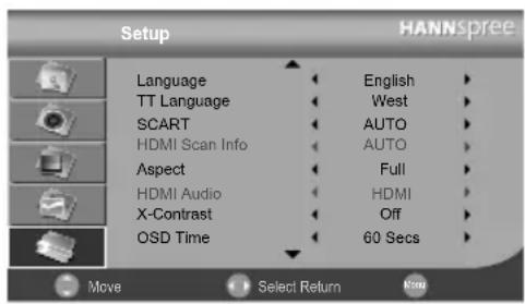 Setup Language TT Language SCART HDMI Scan Info Aspect HDMI Audio X-Contrast OSD Time English West AUTO AUTO Full HDMI Off 60 Secs HANNSpree Move Select Return New
