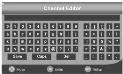 Channel Editor 0 1 2 3 4 5 6 7 8 9 { } [ ] ~ a b c d e f g h i j < > ( ) ! k l m n o p q r s t l # S % ^ u v w x y z @ ? \ / = + & * - Save Caps Del _ : ; ", Move Enter New Return